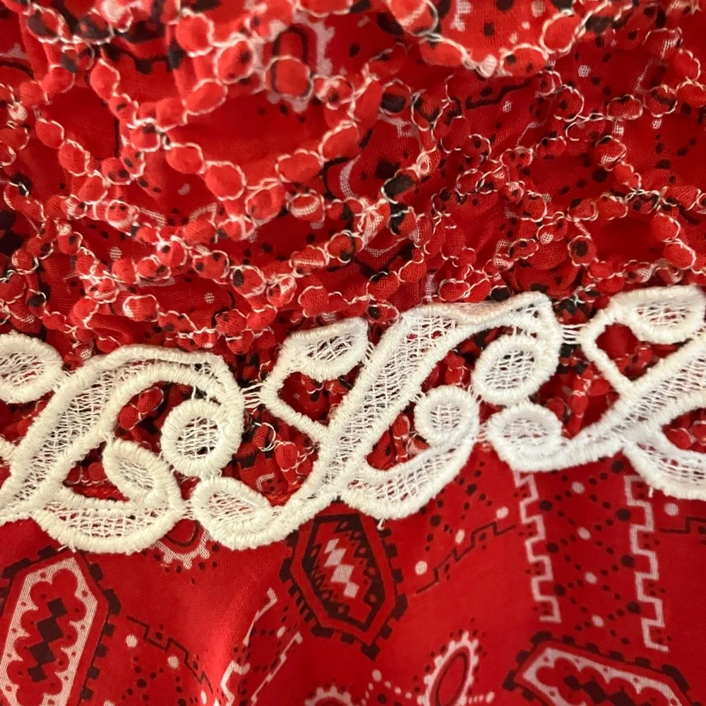 Vintage Red Bandana Print Maxi Dress Sz 12 SEE MEASUREMENTS Ruffle Collar - Picture 3 of 6